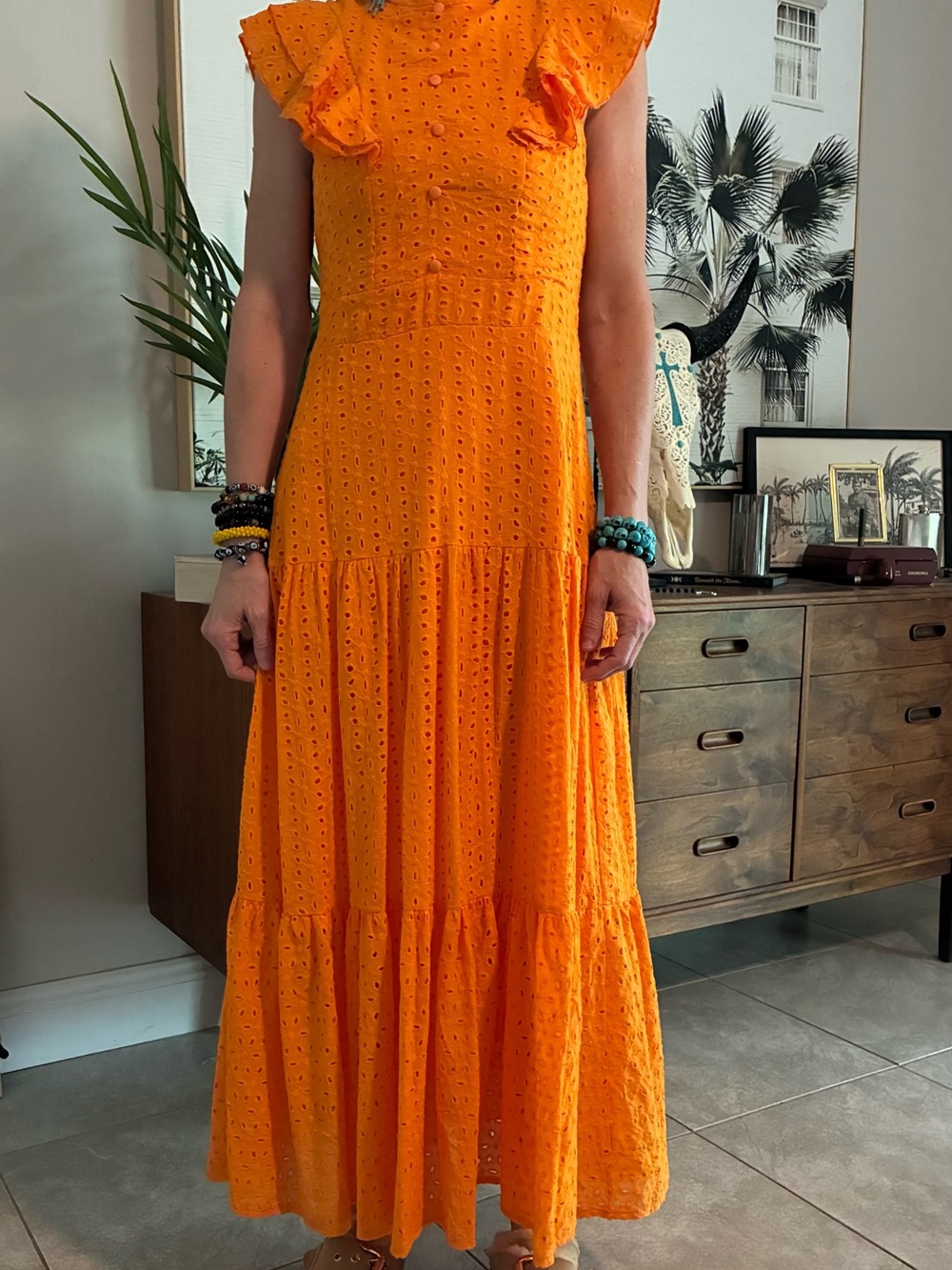 Bright Orange Eyelet Tiered Maxi Dress